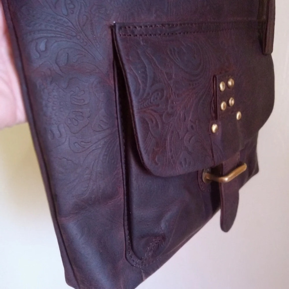 Rustic Dark brown floral embossed burnished leather crossbody bag - Picture 10 of 11